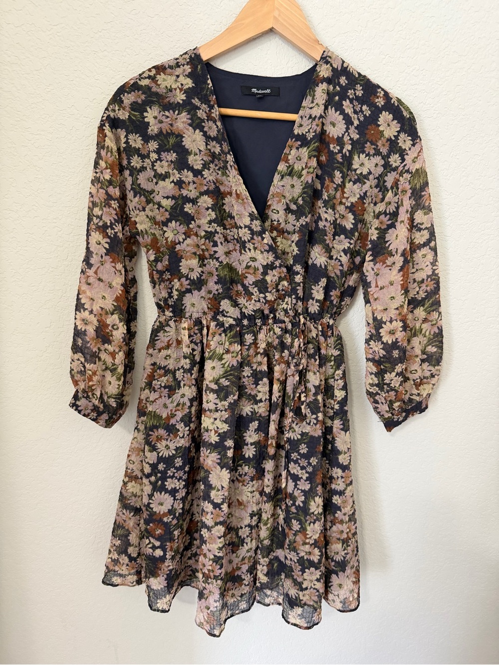 Madewell Floral Mini Dress XS Navy Pink Cottagecore Long Sleeve Chiffon - Picture 2 of 12